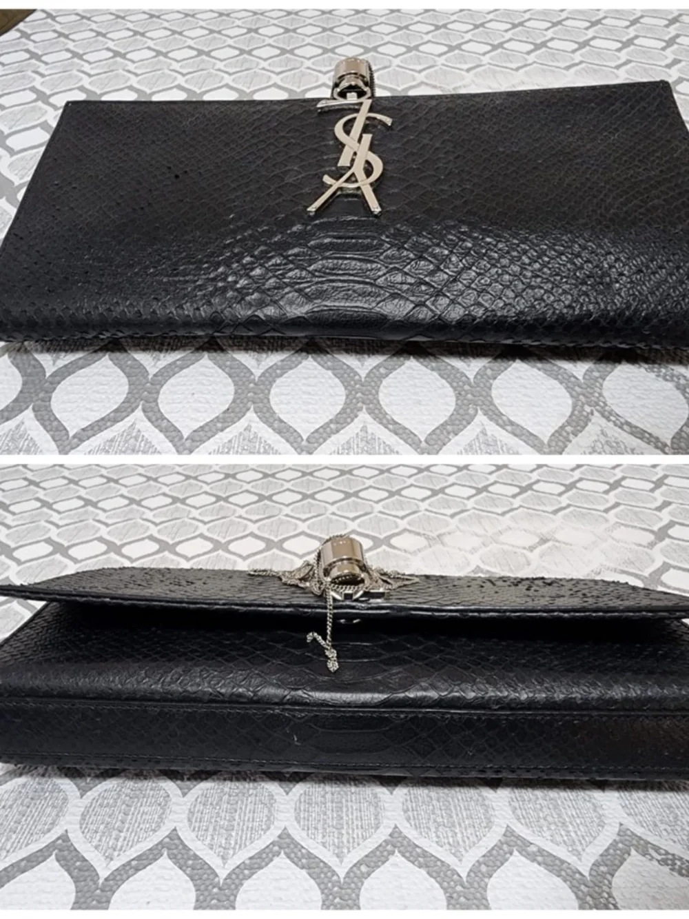 Authentic YVES SAINT LAURENT Croc Embossed Leather Tassel Kate Clutch Bag Black - Picture 10 of 11